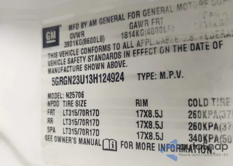 2003 Hummer H2 из США, поврежденный, VIN 5GRGN23U13H124924